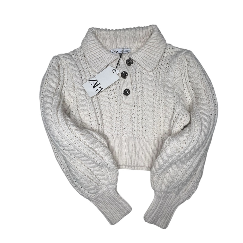Zara Cream Crew Neck Cable Knit Sweater - Picture 3 of 5